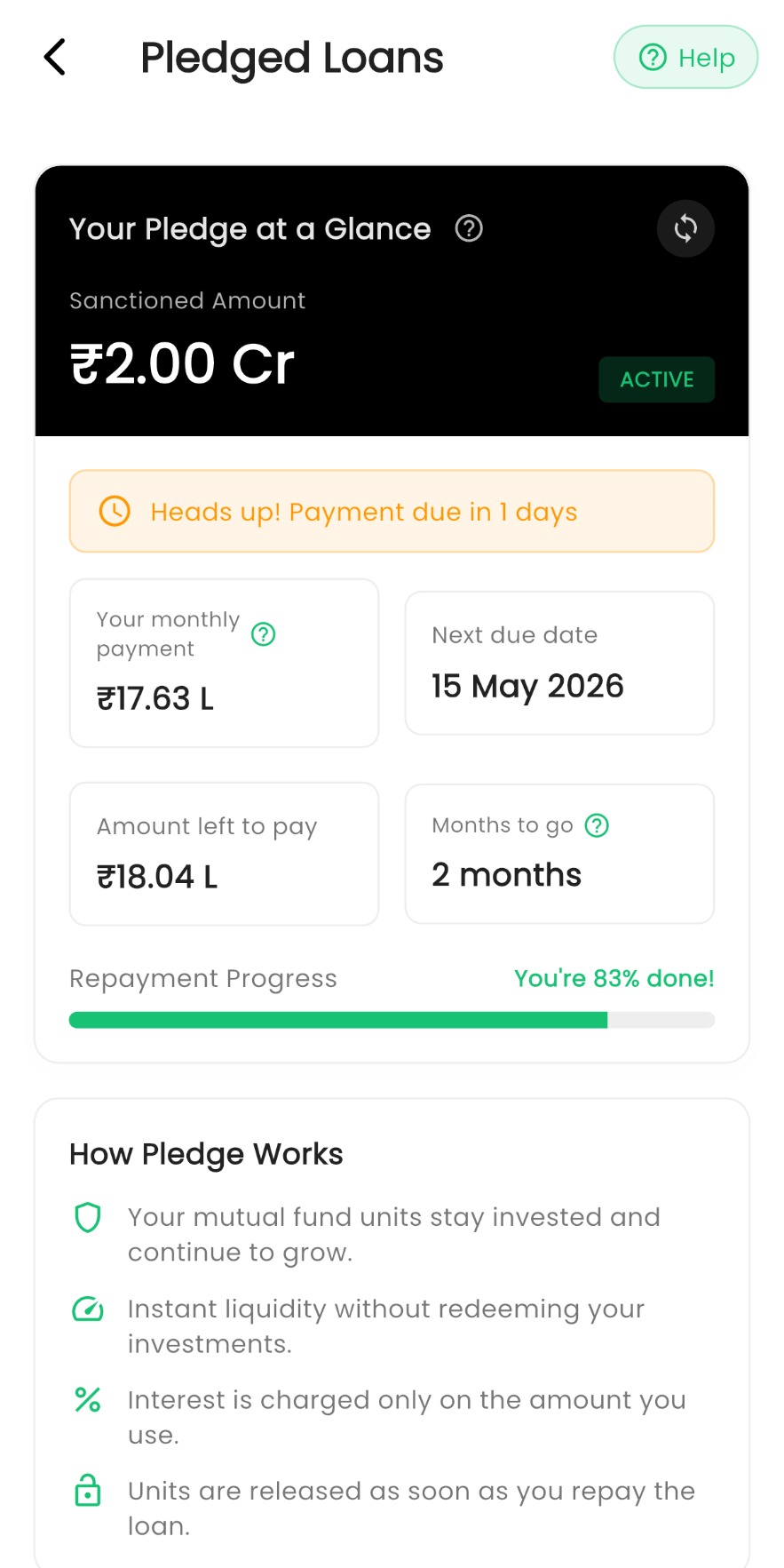 Lark Money app, pledged loan dashboard